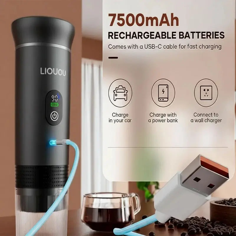 Cafetera espresso portátil LIOUOU con calentamiento para cápsulas o café molido