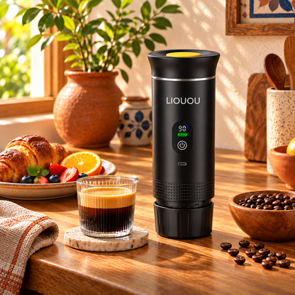 Cafetera espresso portátil LIOUOU con calentamiento para cápsulas o café molido