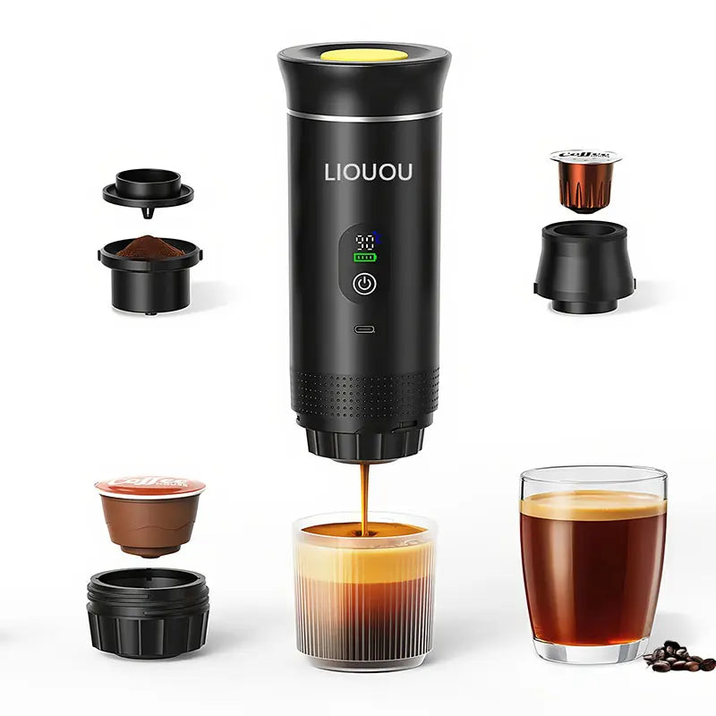 Cafetera espresso portátil LIOUOU con calentamiento para cápsulas o café molido