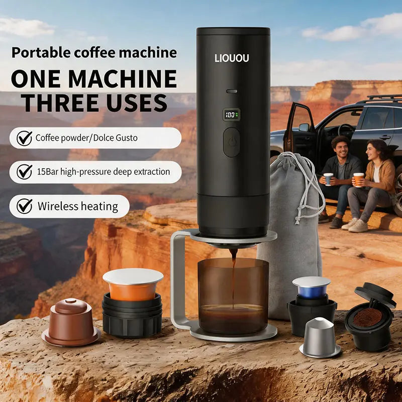 Cafetera espresso portátil LIOUOU con calentamiento para cápsulas o café molido