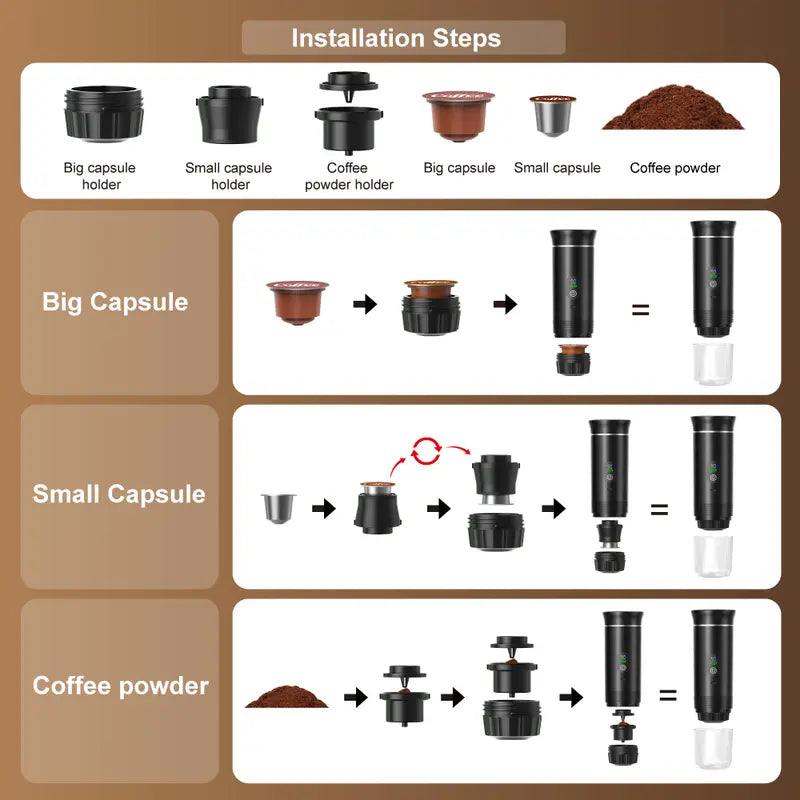 Cafetera espresso portátil LIOUOU con calentamiento para cápsulas o café molido
